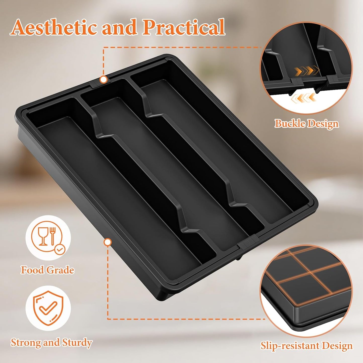 Silverware Organizer, Expandable Utensil Drawer Organizer for Kitchen Drawers, Kitchen Drawer Organizer for Spoons/Forks/Knives, Multipurpose & BPA Free Cutlery Tray, Black, 2 Pack