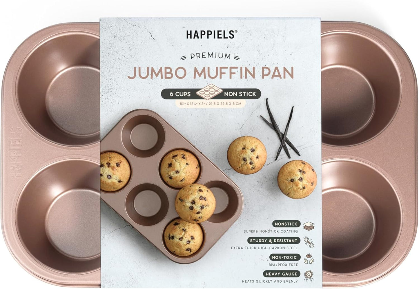 HAPPIELS Non Toxic Nonstick 6 Cup Jumbo Muffin Pan | Large Cupcake Tin for Oven | Nontoxic Muffin Tins Big Size | PFOA Free Cupcakes Tray