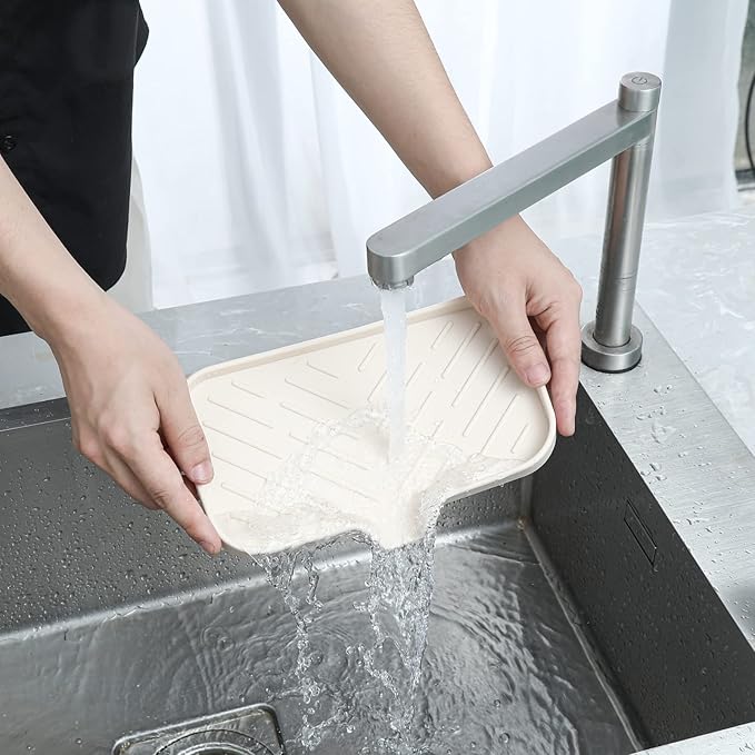 Silicone Bathroom Soap Dishes with Drain Spout-Bathroom and Kitchen Sink Organizer,Sponge Holder,Dish Soap Tray,Perfect for Dispenser,Scrubber,Bottle,Cup on Sink or Counter-Tapioca 9.6"×5.3"