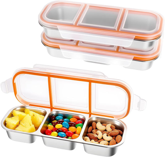 Bandesun Stainless Steel Snack Containers for Kids, Leak Proof 3 Compartment Food Storage Containers with Lids, Reusable Stackable Lunch Box for Travel, Home, Travel 3Pack