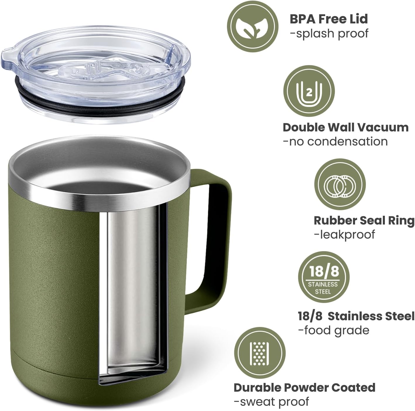 MEWAY 12oz Coffee Mug With Handle and Sliding Lid,Stainless Steel Travel Tumbler Cup with Handle,Double Wall Vacuum Insulated Camping Cup for Hot & Cold Drinks Tea (Army Green,Set of 1