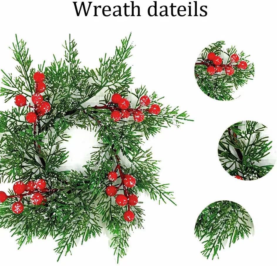 4Pcs Mini Christmas Candle Rings Wreaths, 10Inch Christmas Pine Kitchen Cabinet Candle Holder with Red Berries for Table Cenderpiece Chair Wall Window Decor