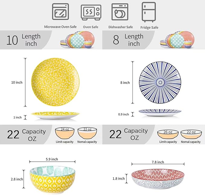 Selamica Ceramic Dinnerware Sets, 16 Pieces Dishes Set for 4, Scratch Resistant Plates and Bowls Sets, Dishwasher & Microwave Safe, Assorted Colors