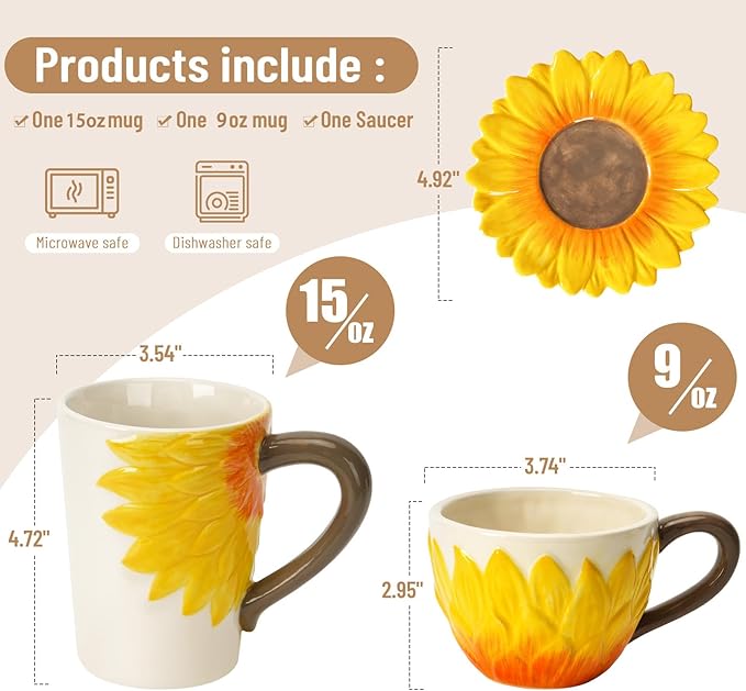 Ceramic Coffee Mug Set of 2-Sunflower Coffee Cups Sets Include 15 oz Large Coffee Mug,9 oz Wide Cappuccino Cup with a Saucer,3D Novelty Coffee Cups for Tea,Latte,Hot Cocoa,Milk,Unique Gifts for Women