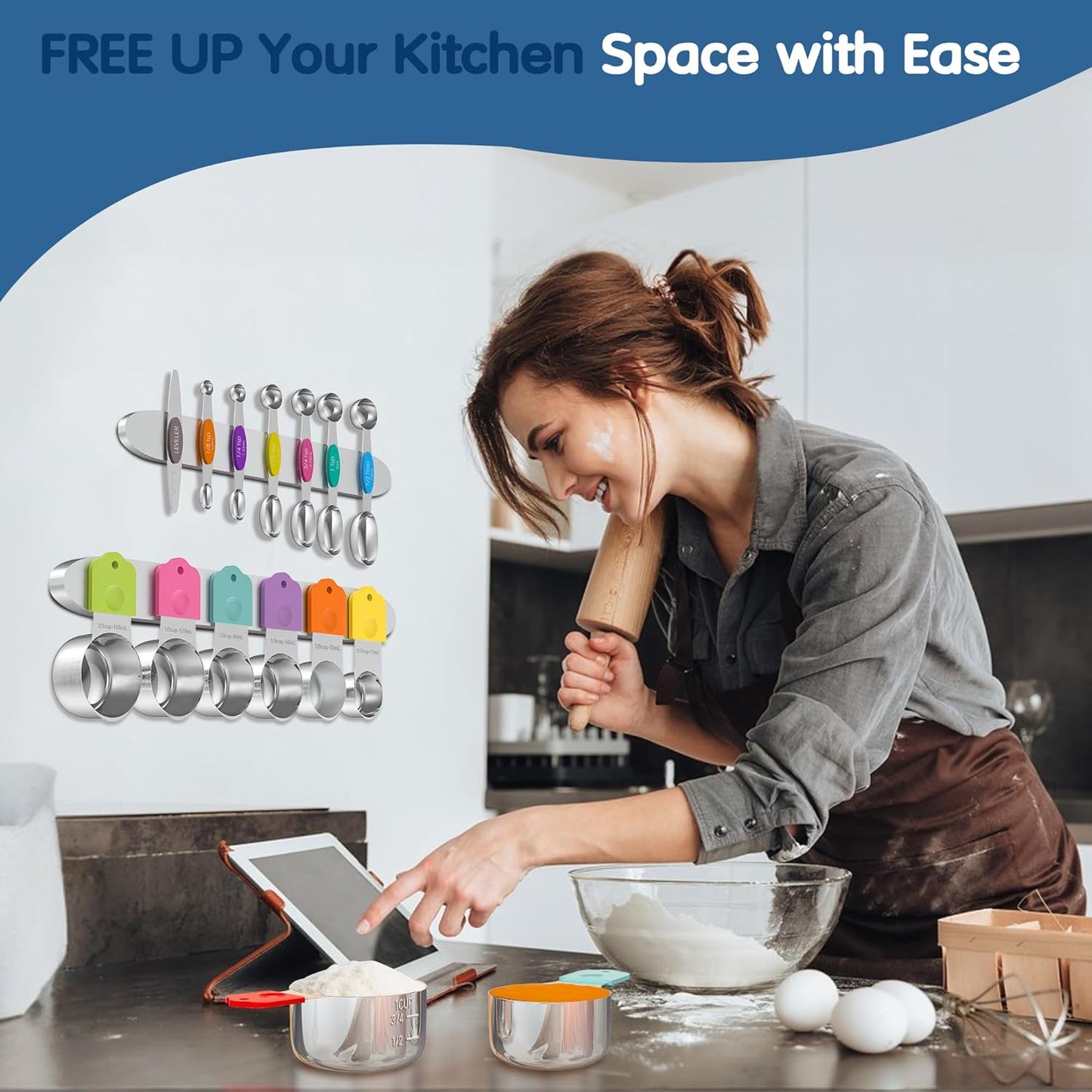 Magnetic Measuring Cups and Spoons Set, 8 Nesting Stainless Steel Measuring Cup Set with Easy to Read Markings, 7 Magnetic Measuring Spoons & 1 Leveler for Measuring Dry or Liquid Ingredients