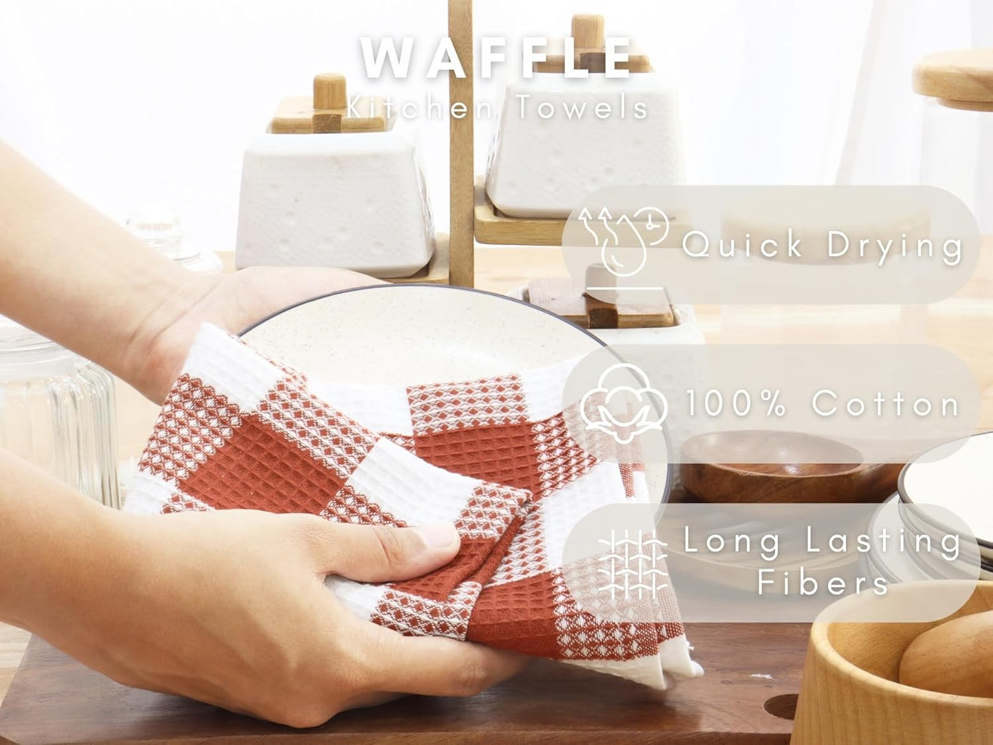PurpleEssences Rust 100% Cotton Waffle Weave Check Plaid Kitchen Towels, Super Soft and Absorbent Dish Towels for Drying Dishes 15 x 25-4 Pack - Fall Thanksgiving - Rust and White