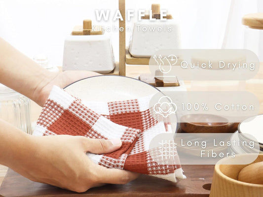 PurpleEssences Rust 100% Cotton Waffle Weave Check Plaid Kitchen Towels, Super Soft and Absorbent Dish Towels for Drying Dishes 15 x 25-4 Pack - Fall Thanksgiving - Rust and White