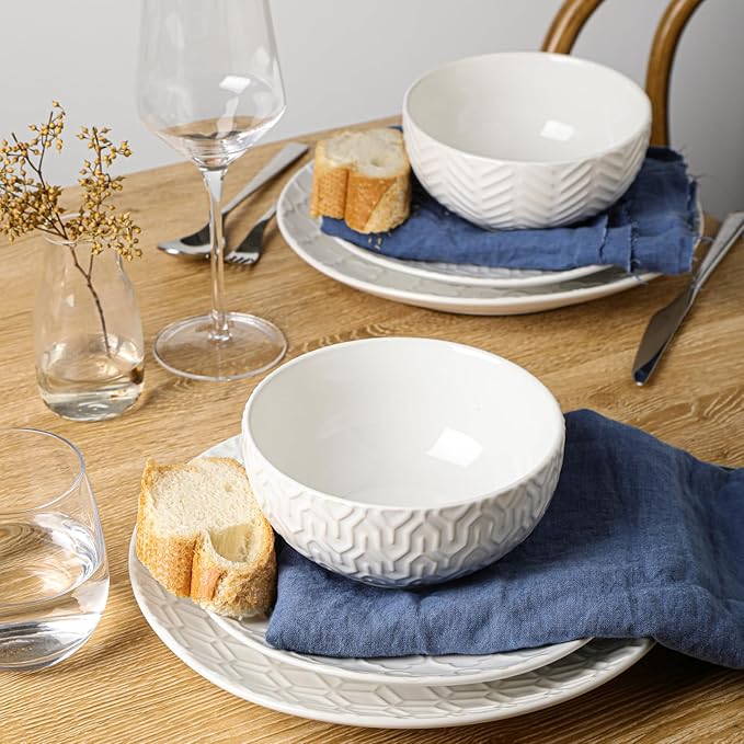 Sureasy Ceramic Dinnerware Sets for 6, 18 Pieces Stoneware Plates and Bowls Sets, Embossed Scratch Resistant Dinner Set, Dishwasher&Microwave Safe, White