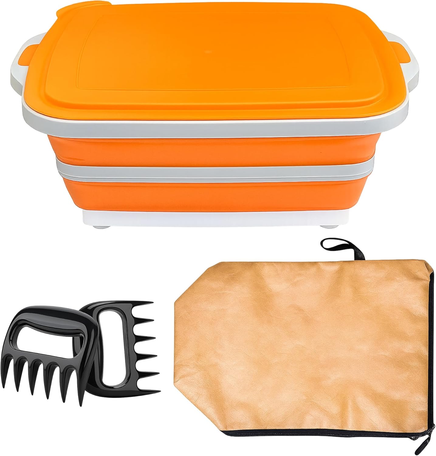 3 in 1 BBQ Prep Tub Set, XL 8L Collapsible Cutting Board Tub & Food Container with Lid, Includes 2 Meat Shredder Claws, Resting Blanket & Carry Bag, Ideal Grilling Tub for Camping & Outdoor Cooking