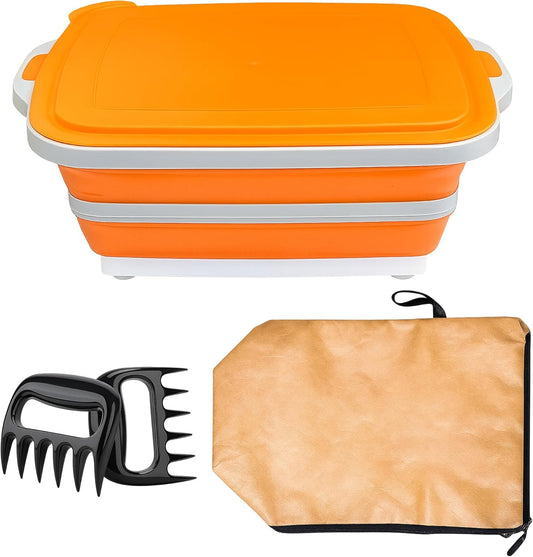 3 in 1 BBQ Prep Tub Set, XL 8L Collapsible Cutting Board Tub & Food Container with Lid, Includes 2 Meat Shredder Claws, Resting Blanket & Carry Bag, Ideal Grilling Tub for Camping & Outdoor Cooking