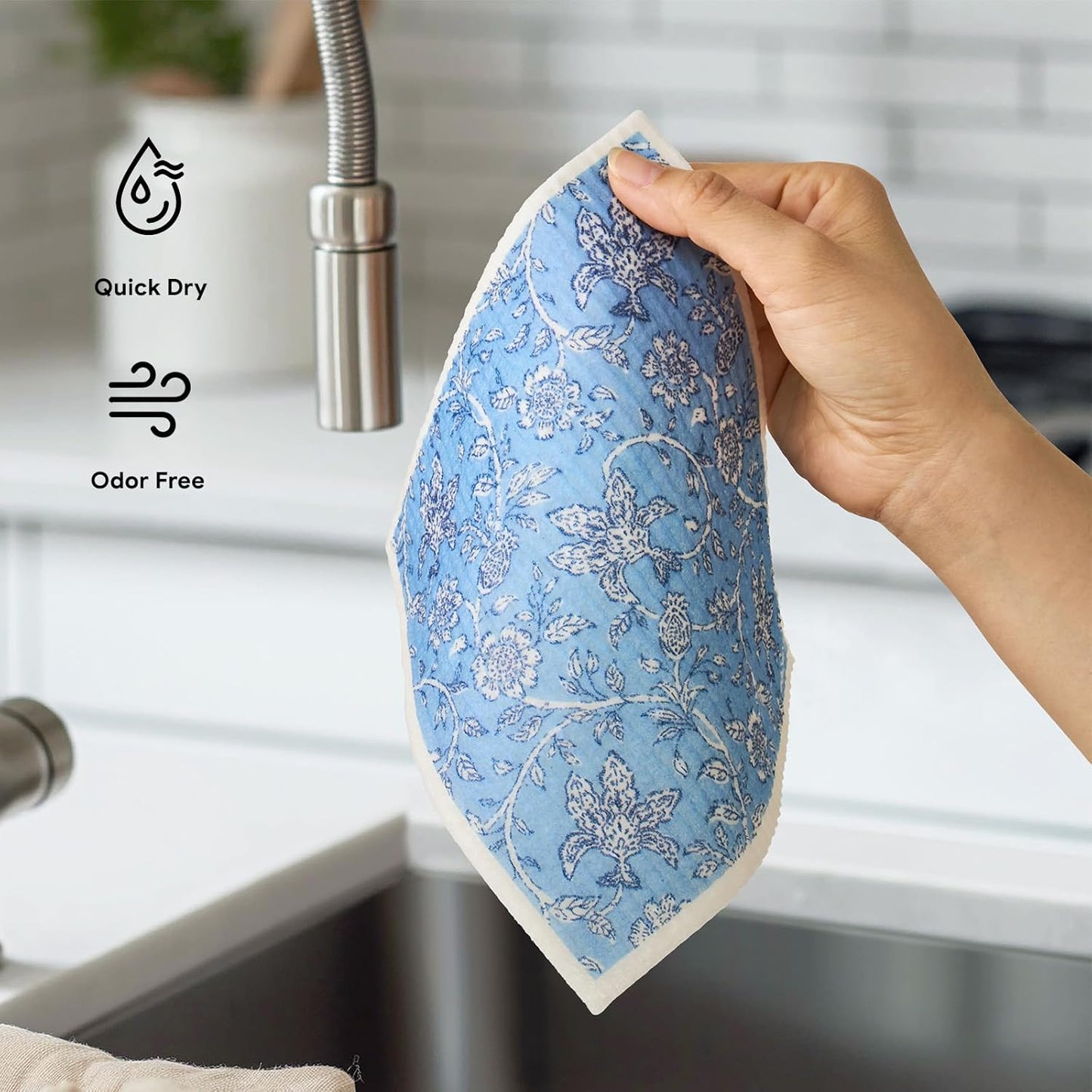 RECYCO Swedish Dishcloths for Kitchen | 6 Pack Heritage Florals Blue Washable Dish Rags | Cellulose Reusable Cleaning Paper Towels | Absorbent Counter Dish Cloth Sponge Kitchen Wipes, 8" L x 7" W