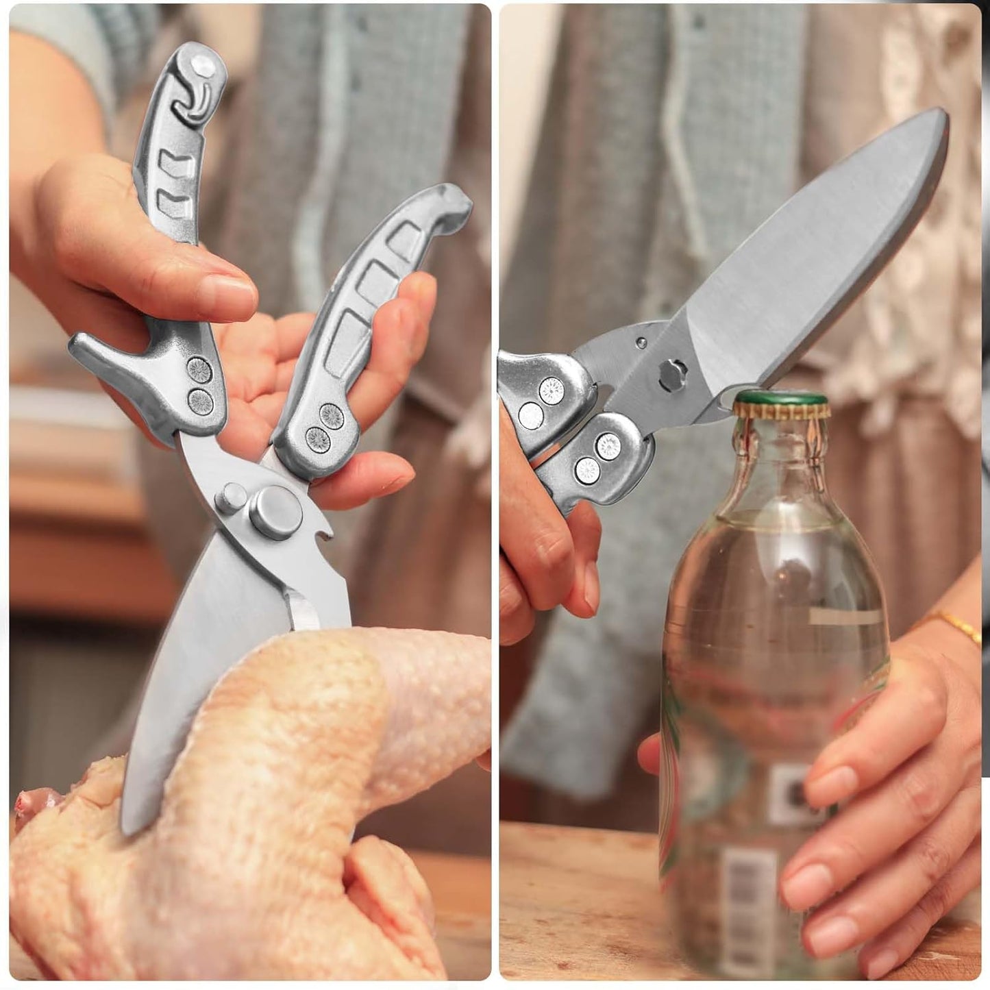 Heavy Duty Kitchen Shears, Detachable Poultry Shears with Serrated Edge, Spring-Loaded Stainless Steel Chef Scissors Cutting Bone, Chicken, Fish, Food, Meat, Silver Full Steel Handle