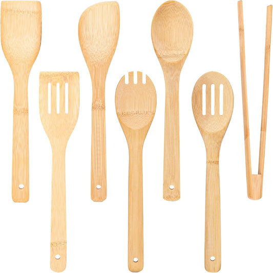 HANSGO Wooden Spoons for Cooking, 7PCS Kitchen Bamboo Cooking Utensils, Wooden Utensil Set for Stirring, Mixing, Serving, Nonstick, Healthy