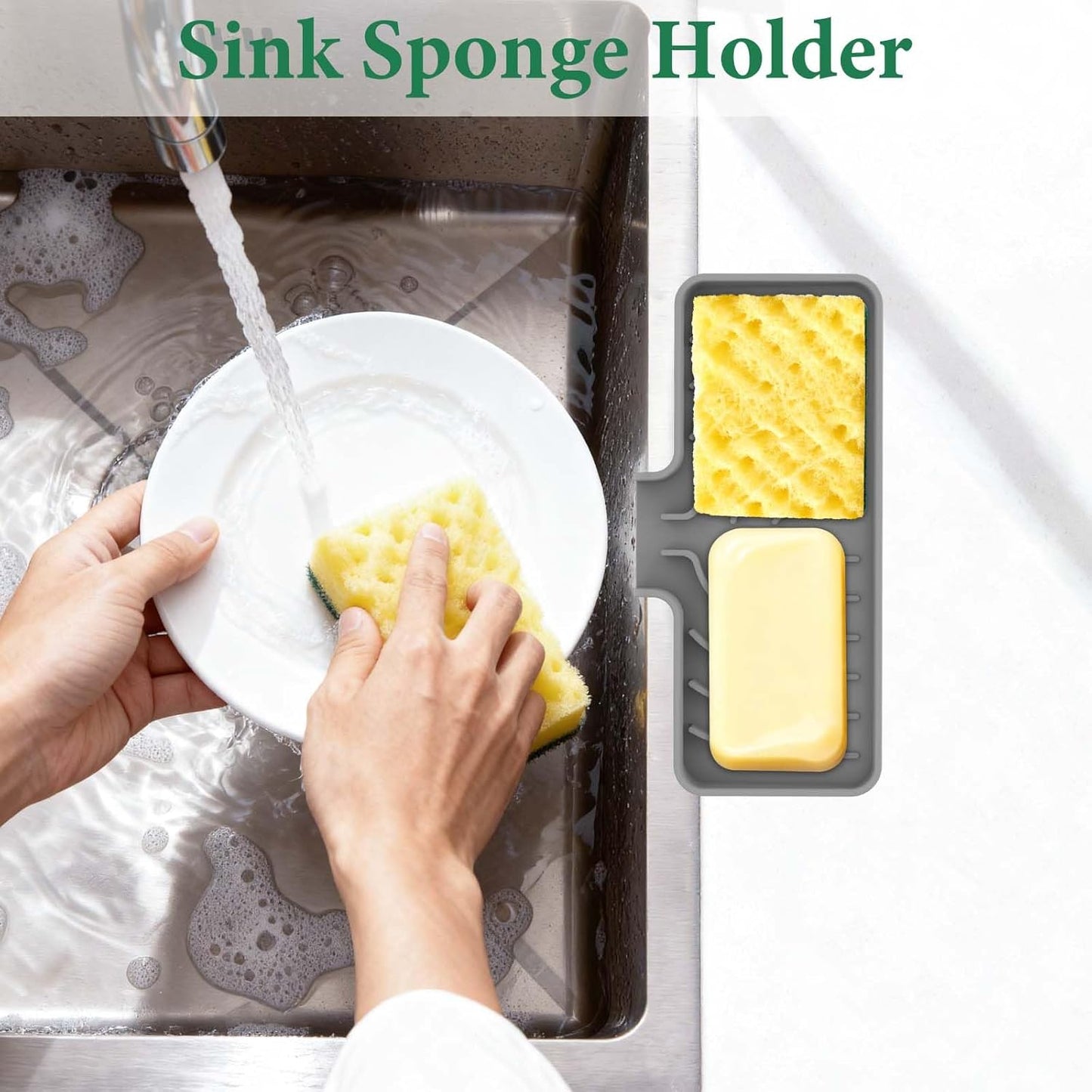 GUUKIN Sponge Holder for Kitchen Sink, 9.8"×4.9" Silicone Sponge Holder, Soap Tray with Drain, Dish Soap Mat for Shower Bathroom, Perfect for Dispenser,Scrubber,Bottle,Cup on Sink or Counter (Grey)