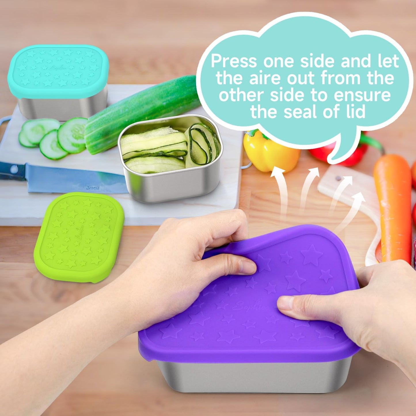 SOPHICO Stainless Steel 24 OZ Snack Containers for Kids，Food Storage Container with Silicone Lid - Perfect 304 Metal Toddler Lunch Box for Daycare and School, Leak Proof （Purple）