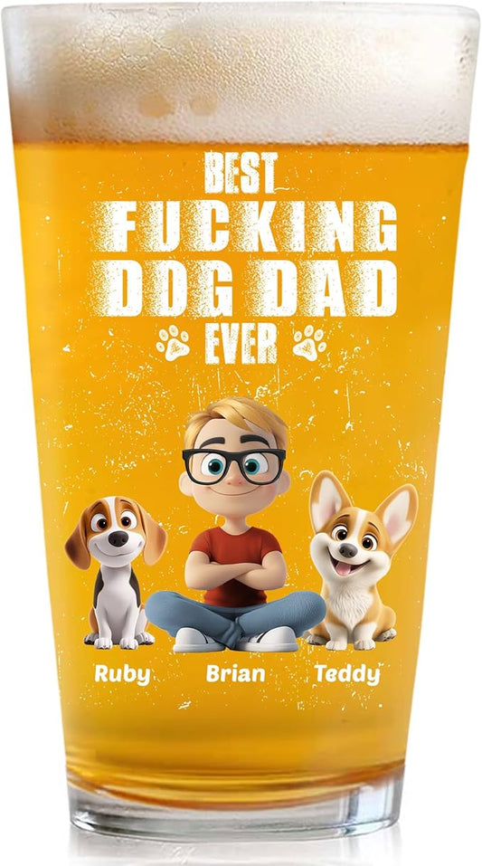 Wrappiness Best Mom Dad Logo Personalized Custom Beer Glass - 16oz Glassware for Beer Soda Cocktails - Gift for Dog Lovers, Father's Day, Birthday Gift for Parents (B06, 2 Dogs)