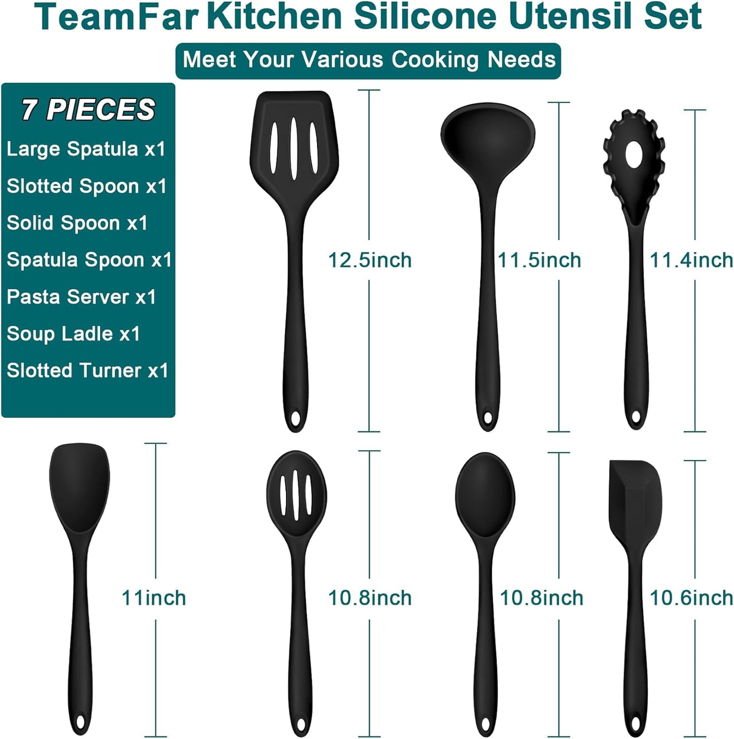 TeamFar Silicone Cooking Utensil Set of 7, Black Kitchen Nonstick Tools Turner Spoon Spatula Ladle Pasta Server for Nonstick Cookware, Healthy & One-Piece, Anti-Heat & Dishwasher Safe
