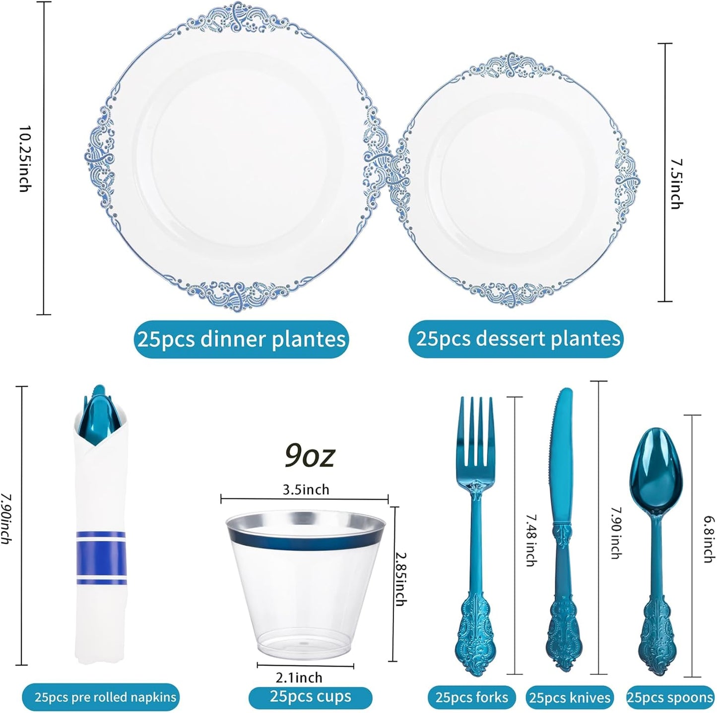 Hioasis 175pcs Clear Blue Plastic Plates - Elegant Disposable Dinnerware Set Suitable for 25 Guests Include 10.25" Dinner & 7.5" Dessert Plates, Pre Rolled Silverware Set, Cups for Party & Wedding