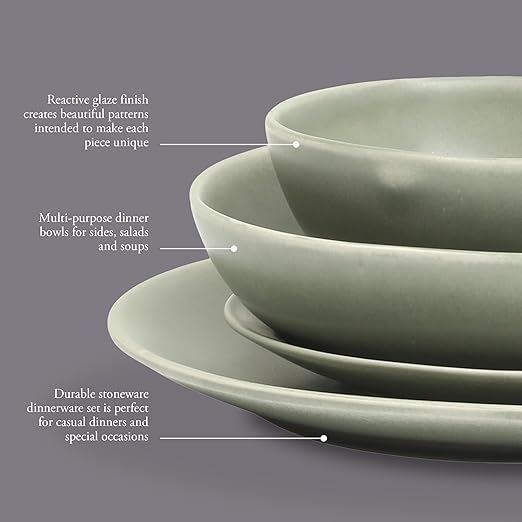 Gibson Elite Zion Mist 16 Piece Stoneware Reactive Glaze (Service for 4) Ceramic Plates and Bowls Modern Organic Dinnerware Set - Green