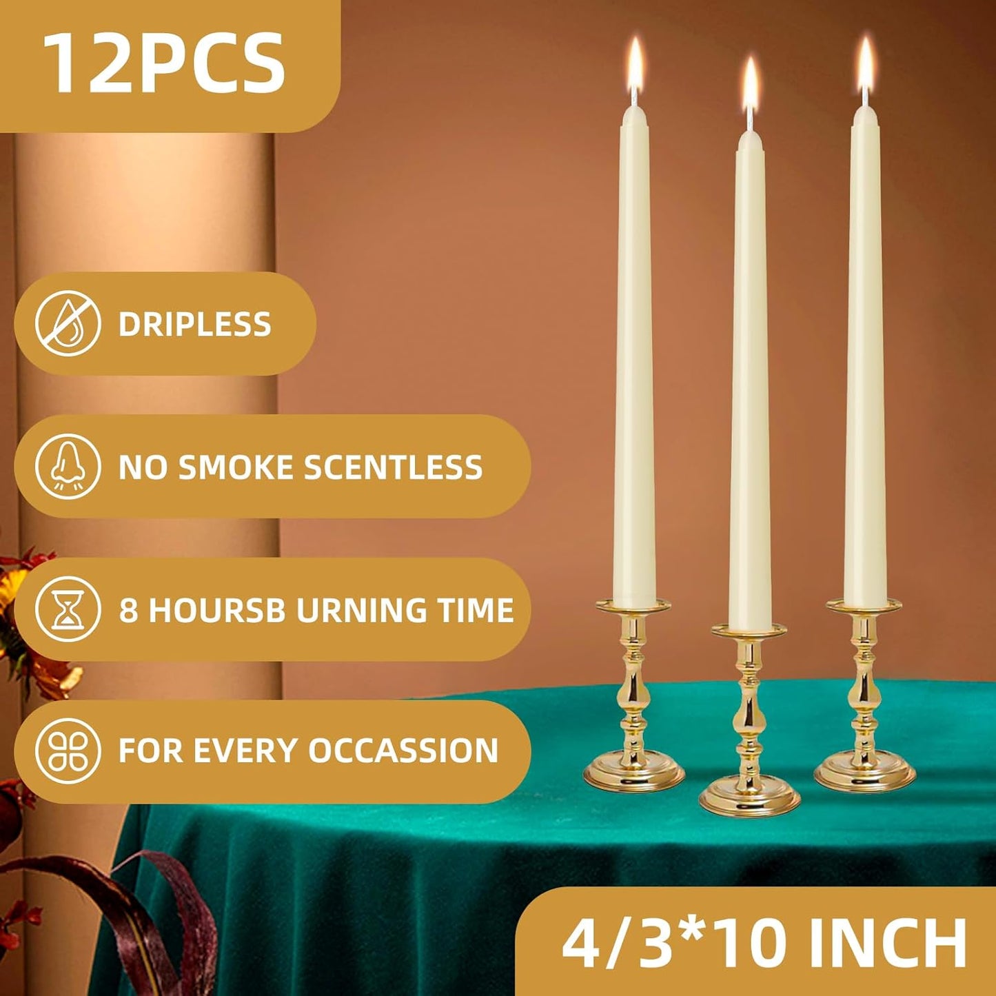 12 Pack Ivory Taper Candles 10 inch - Taper Candles Dripless, Smokeless, Unscented - 8 Hours Long Burning - Hand Poured Tall Candlesticks - Perfect for Home Decor, Weddings, and Special Occasions