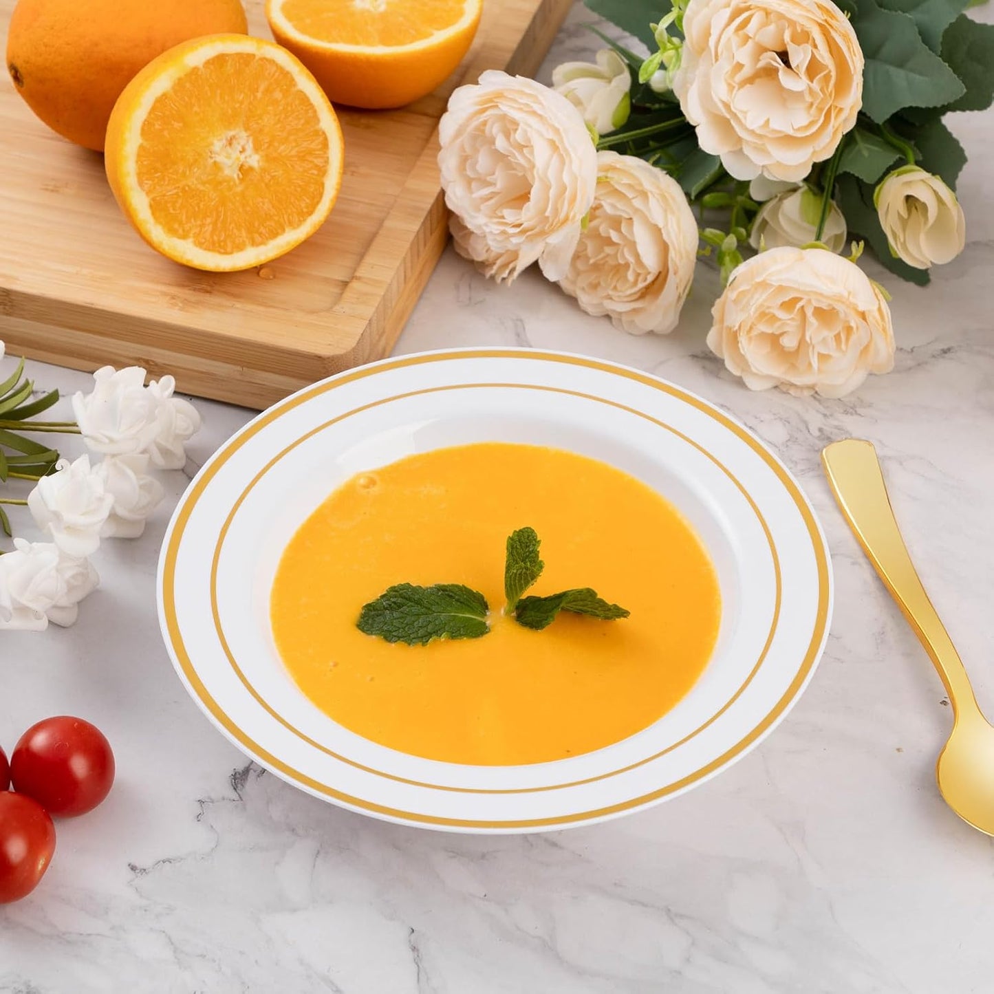 Goodluck 100 Pack Plastic Bowls with Gold Rim, 12oz Disposable Soup Bowls, Heavy Duty Dessert Bowls for Weddings, Parties, Dinners, Catering, Thanksgiving and Everyday Use