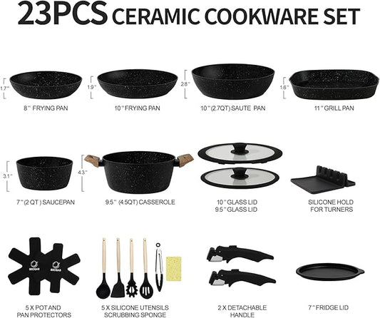 23pcs Ceramic Pots and Pans Set, Nonstick Detachable Handle Cookware, Induction Kitchen Cooking Set with Removable Handle,include Frying Pans & Saucepans Oven Safe (Black)