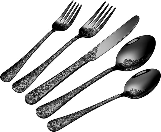 Floral 40 Pcs Black Silverware Set for 8, Food Grade Stainless Steel Flatware Set with Rose Flower Embossed Design, Eating Utensils Sets Include Fork/Knife/Spoon, Reusable Cutlery Set, Dishwasher Safe