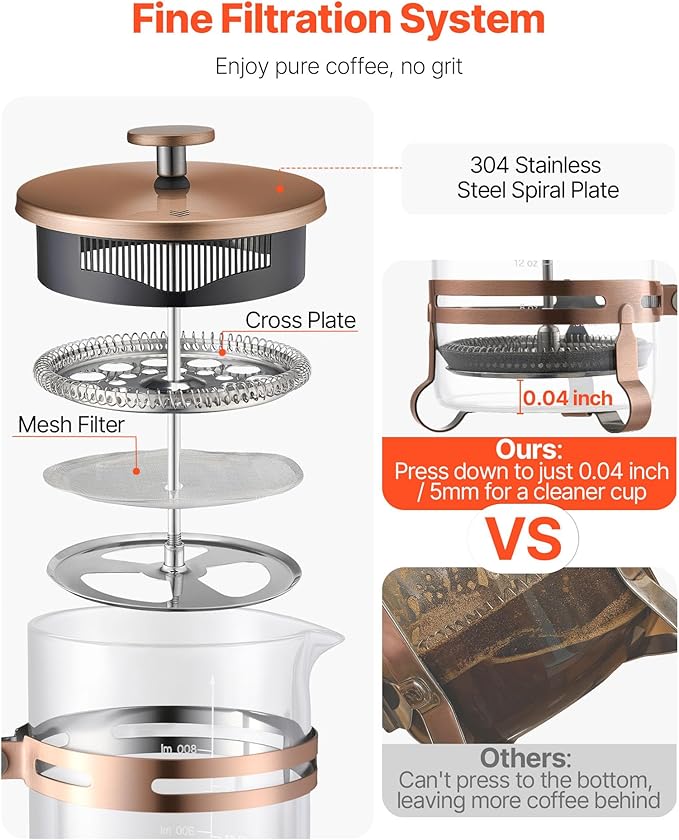 VEVOR French Press Coffee Maker, 34 Ounce 1 Liter Borosilicate Glass Coffee Press Tea Maker with Stainless Steel Filter, Large Glass French Presses Cold Brew for Camping Travel Home Kitchen, Copper