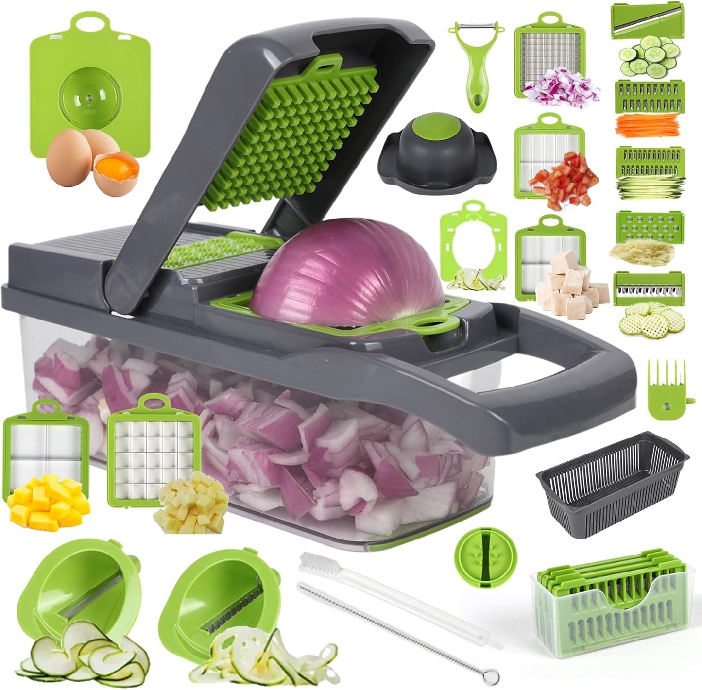 Multifunctional vegetable cutter 26 in 1 vegetable slicer, cucumber slicer, potatoes, tomatoes, zucchini, garlic, eggs, vegetable cutter with container and lid, salad cutter, dicing machine, shredder