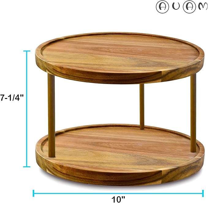 10" Two-Tier Acacia Wood Lazy Susan Organizer Kitchen Turntable for Cabinet Pantry Table Organization