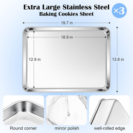 E-far Large Baking Sheets Set of 3, 20”x14” Stainless Steel Cookie Sheet Pans for Oven, Non Toxic Big Metal Baking Tray for Cake Cookies, Healthy & Rust Free, Mirror Finish & Dishwasher Safe