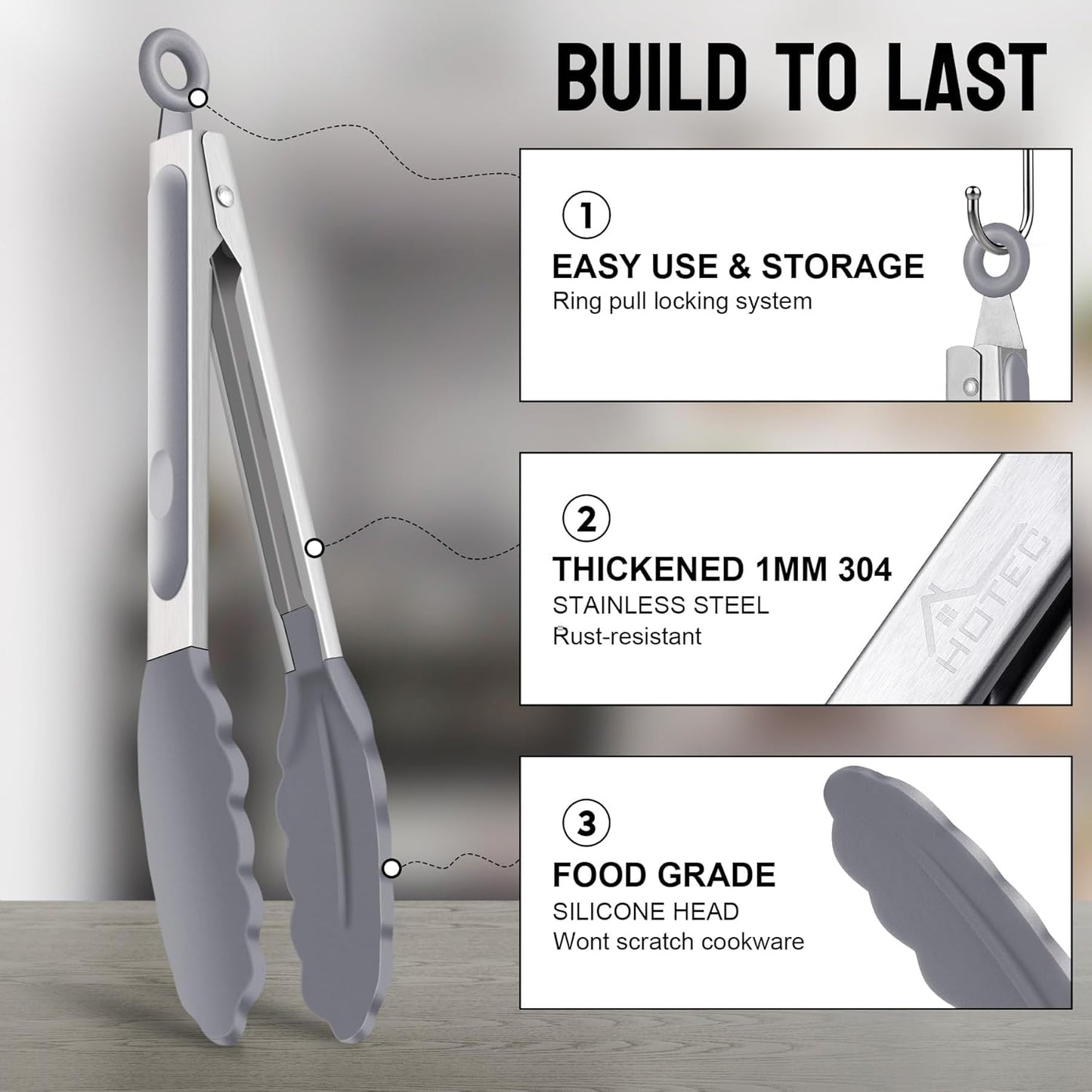HOTEC Premium Stainless Steel Locking Kitchen Tongs with Silicon Tips, Set of 3-7", 9" and 12" (Black,Grey,Khaki)