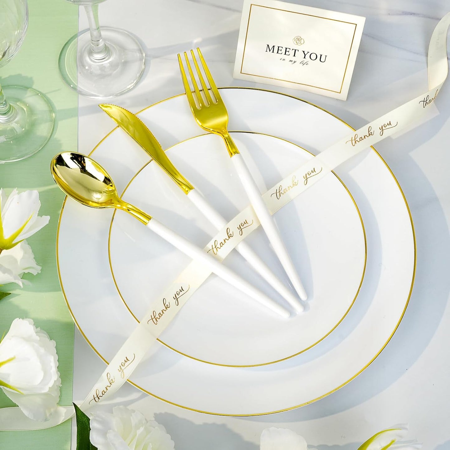 100PCS White Plastic Plates with Gold Rim, White Gold Disposable Plates for Party, Wedding, Include 50 Dinner Plates, 50 Dessert Plates for 50 Guests