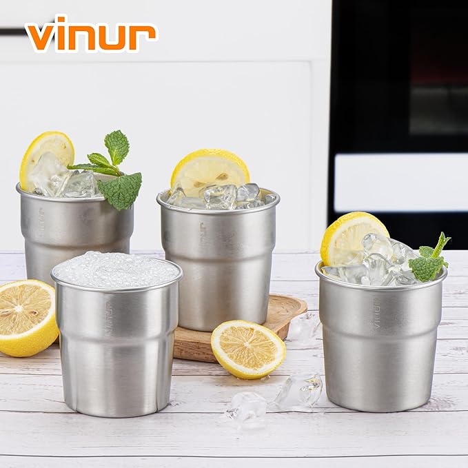 VINUR 4 Pack Stainless Steel Cups 8 oz Pint Tumbler Stackable Metal Drinking Glasses for Travel, Camping, Outdoors (Silver)