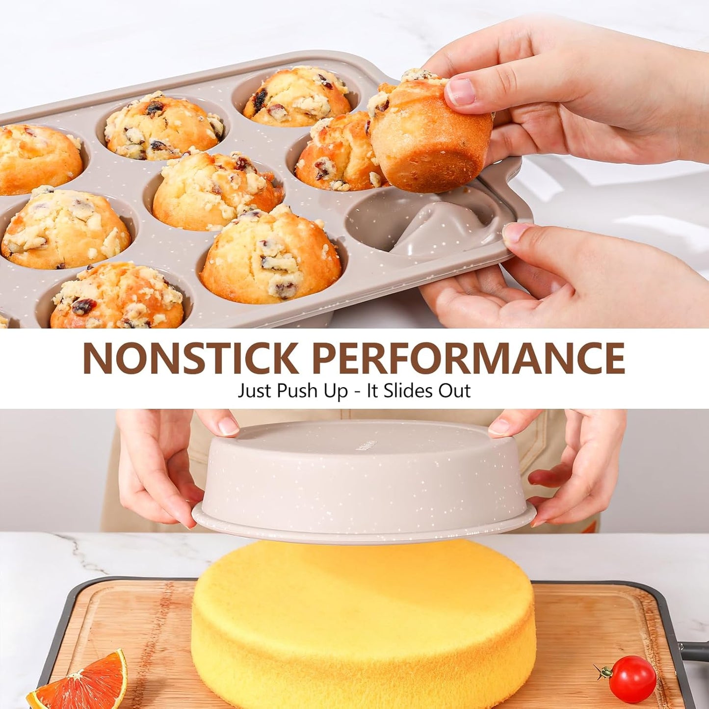 Vinino 6-Piece Baking Pans Set Nonstick, Bakeware Set includes Silicone Muffin, Loaf, Cake Pans with Metal Reinforced Frame. And includes Carbon Steel Roasting Pan, Cookie Sheet for Oven