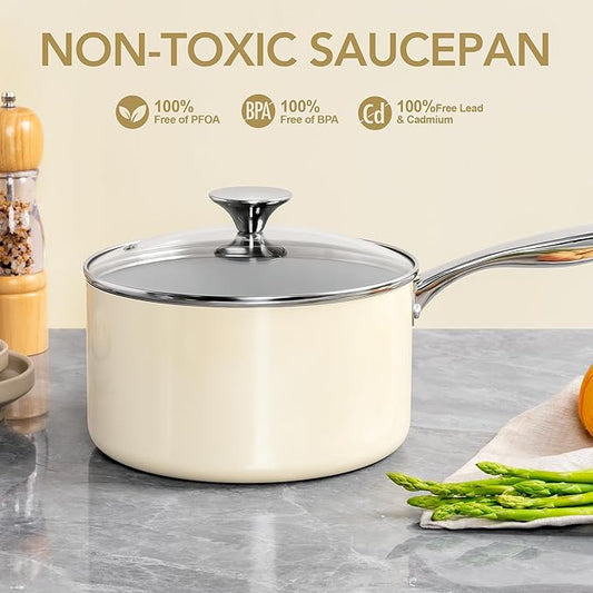 MICHELANGELO Sauce Pan with Lid, Non Stick Saucepan Set of 3-1Qt & 2Qt & 3Qt Small Pots for Cooking, Ceramic Saucepan - Non-Toxic, Scratch-Resistant, Oven Safe, Beige