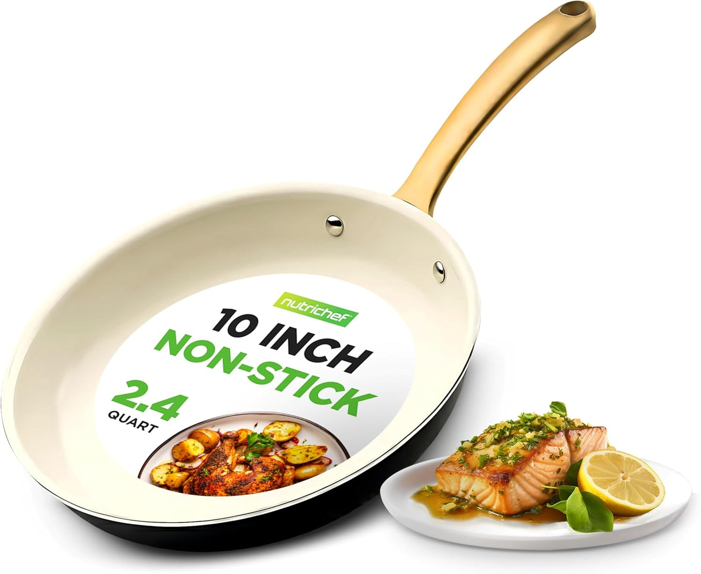 NutriChef 10-Inch Professional Ceramic Frying Pan - Medium Skillet with Golden Titanium Handle, Non-Stick Ceramic Coating, Stain-Resistant, Easy to Clean, Ideal for Home Cooking