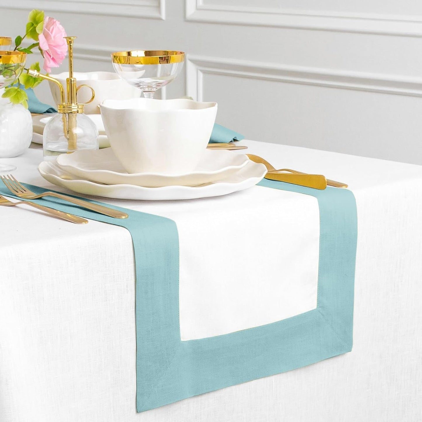 Solino Home Linen Table Runner 72 Inches Long - 100% Pure Linen Aqua Blue and White Table Runner 14 x 72 Inch for Thanksgiving - Contempo