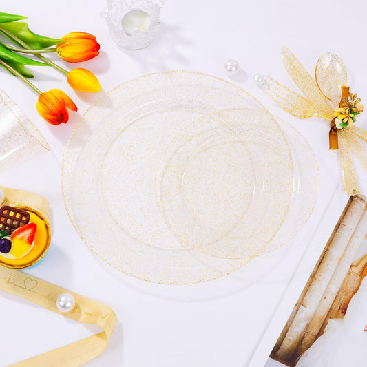 I00000 700 Pcs Gold Glitter Plastic Dinnerware Sets, Disposable Plates for Party, Include: 100 Dinner Plate,100 Dessert Plate,100 Paper Napkins, 100 Cups,100 Plastic Silverware Set