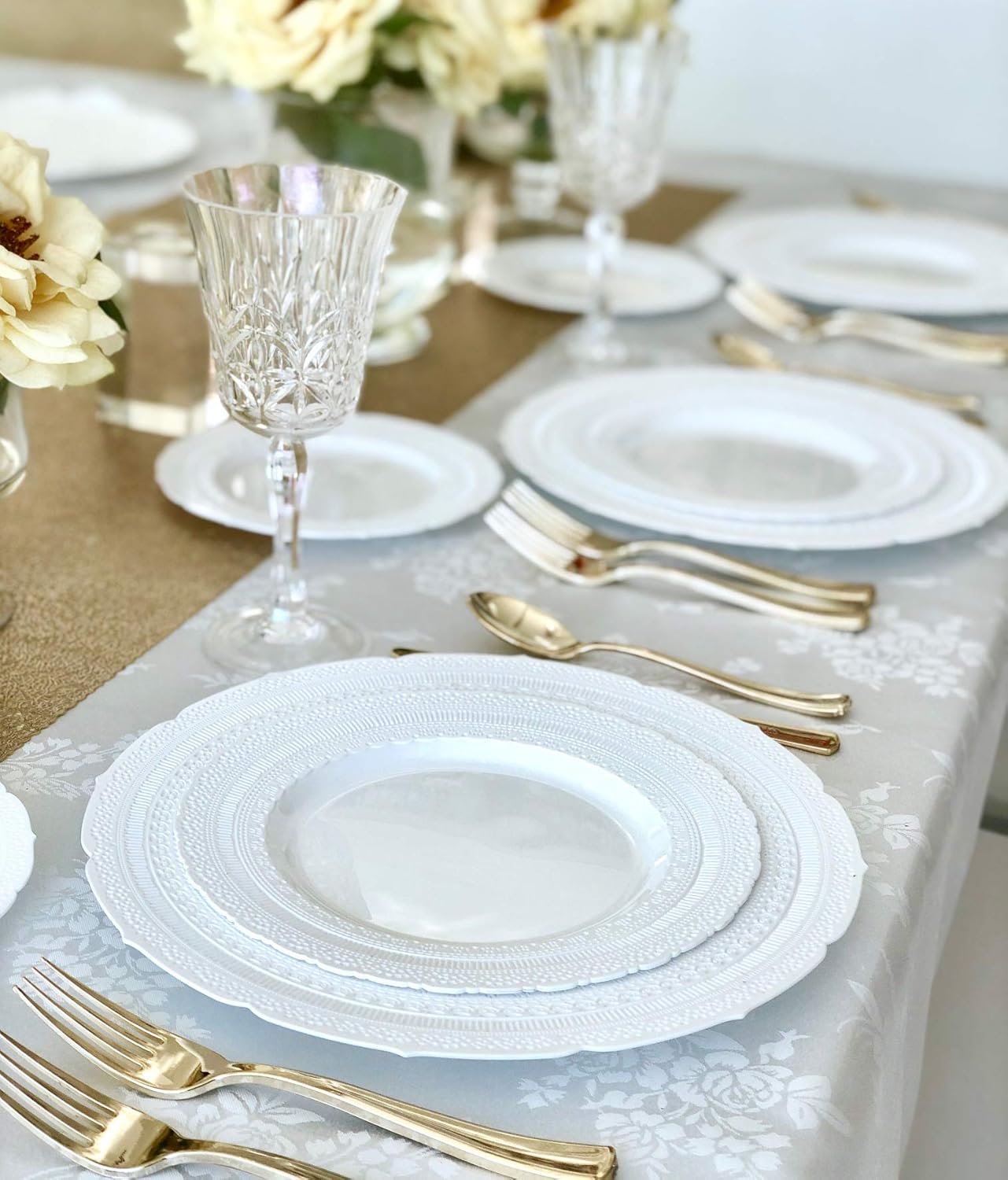 " OCCASIONS " 150pcs set (25 Guests)-Extra Heavyweight Vintage Wedding Disposable/Reusable Plastic Plates (25 x 11'' + 25 x 8.25'') +Silverware (Chateau Collection in White)