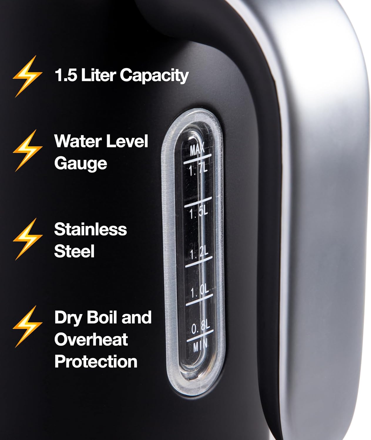 Rae Dunn Electric Hot Water Kettle - Stainless Steel Coffee Maker, Tea Kettle, Swivel Base, With Automatic Shut Off Boil-Dry Protection, Easy Pour Pitcher, 1500 Watt Boiling Power, 1.7 Liters, Black