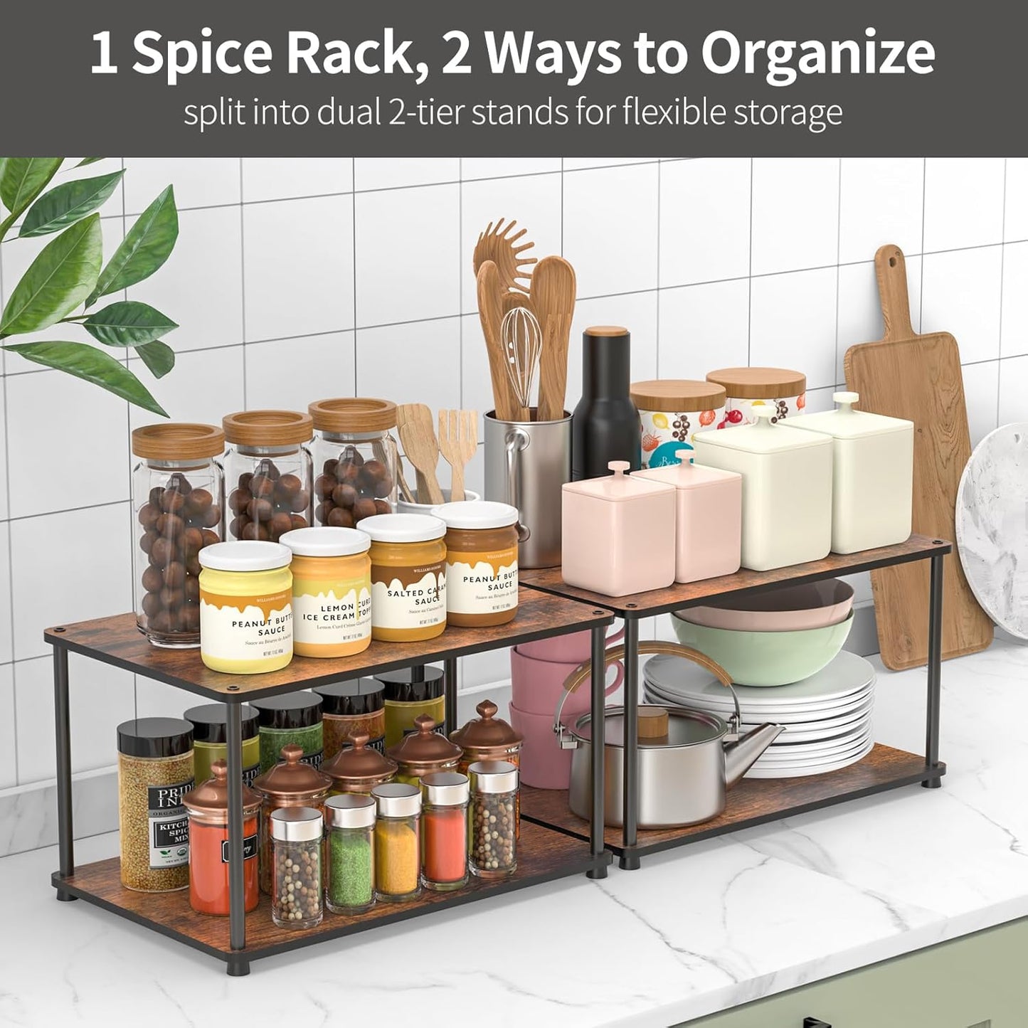 Countertop Spice Rack, Stackable Wood & Metal Pantry Cabinet Shelf Organizer Storage, 4-Tier or Split into 2×2-Tier, Multi-Use for Kitchen Bathroom Desktop Home Office, Rustic Brown