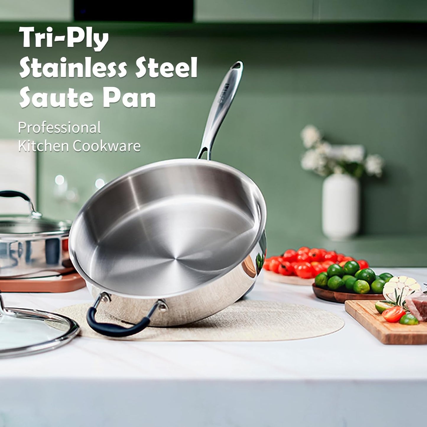 Tri-Ply Stainless Steel Saute Pan with Lid, 5 Quart Deep Sauté Pan with Stay Cool Handle,11.5 Inch Frying Pan,Dishwasher and Oven Safe,Induction Stainless Steel Cookware