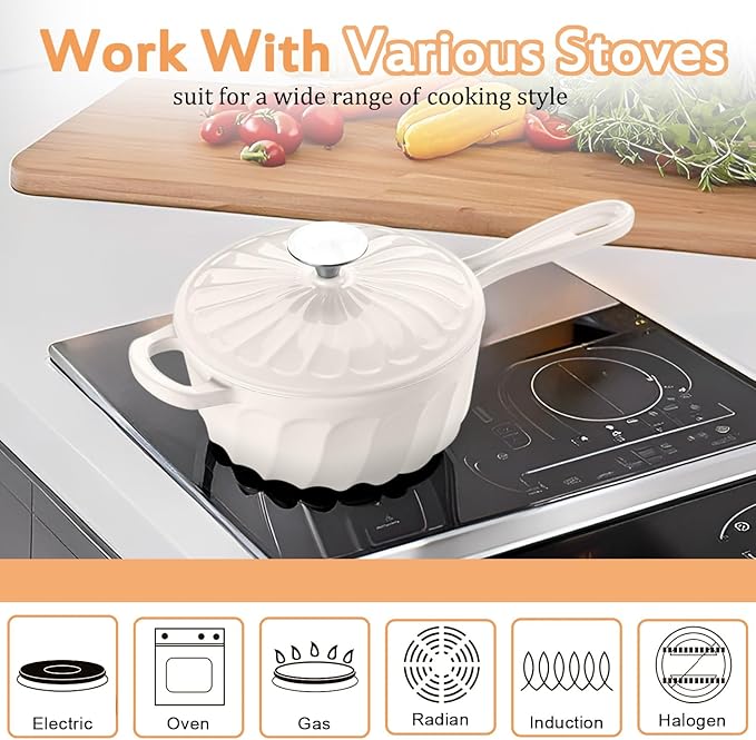 Enameled Cast Iron Sauce Pan, 2 Quart Enameled Saucepan with Lid, Mini Dutch Oven Enamel Saucepan for Cooking Pasta Sauce, Gravy, Puddings, Marinate, Boiling (White)