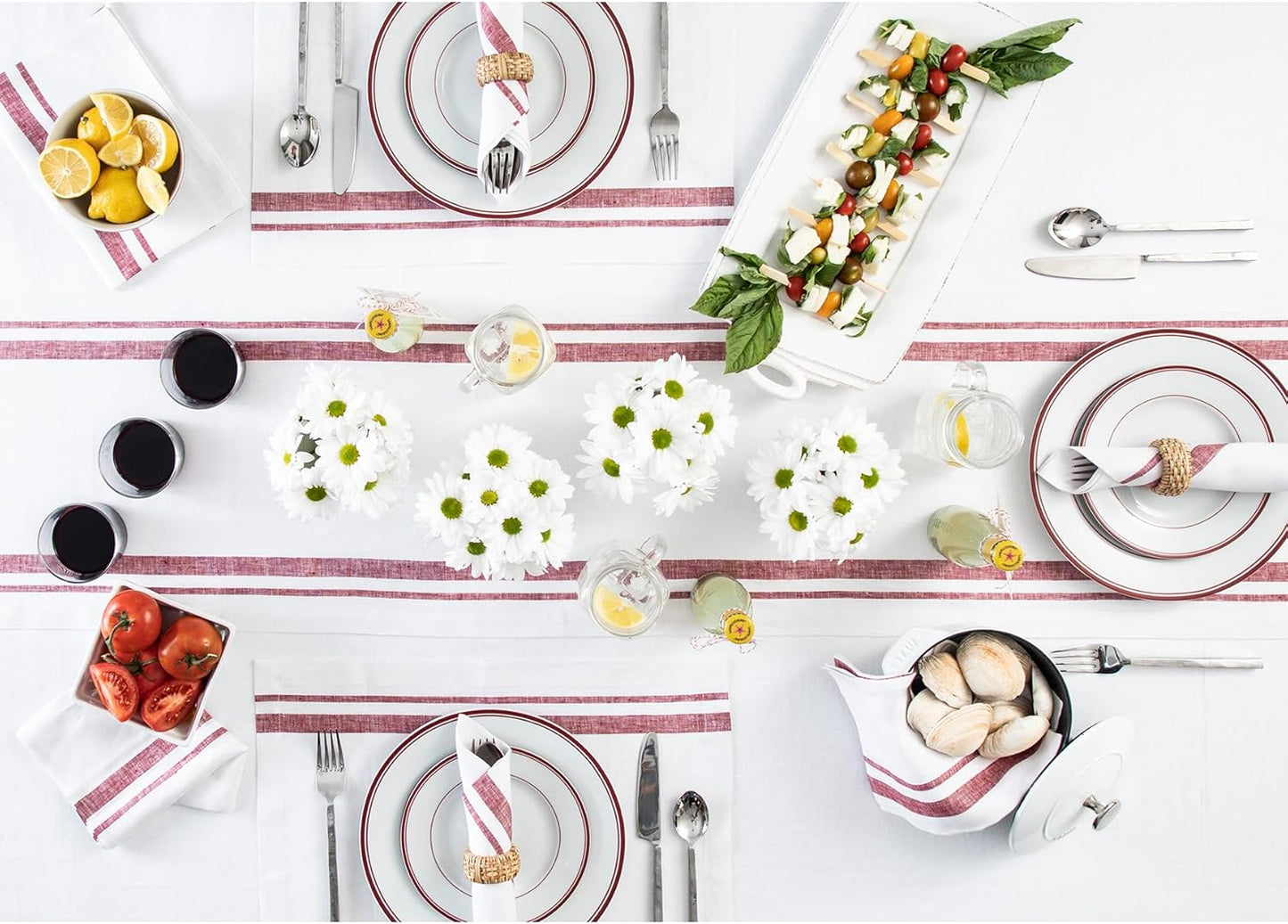 Solino Home Linen Table Runner 120 Inches Long - 100% Pure Linen Burgundy and White French Stripe Table Runner 14 x 120 Inch for Dining, Fall, Autumn, Thanksgiving