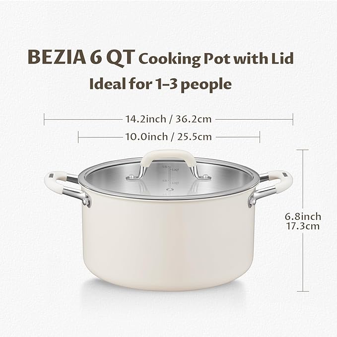 6 Quart Pot with Lid, BEZIA Tri-Ply Stainless Steel Stock Pots, Large Cooking Pots with Silicone Handle, Soup Pot for Induction Cooktop, Compatible with All Cooktops, Dishwasher Safe