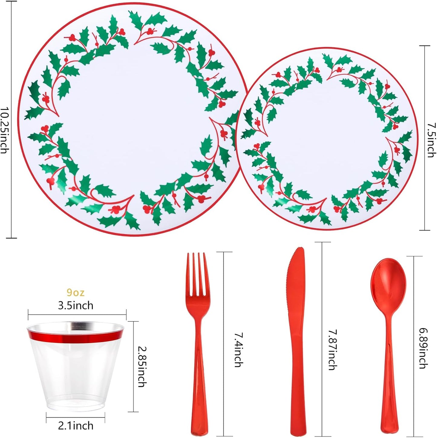 KIRE 150PCS Christmas Plates Disposable - Christmas Plates Dinnerware - White Plastic Plates With Berry And Leaves Design, Red Plastic Silverware And Cups With Red Rim For Christmas Party Supplies