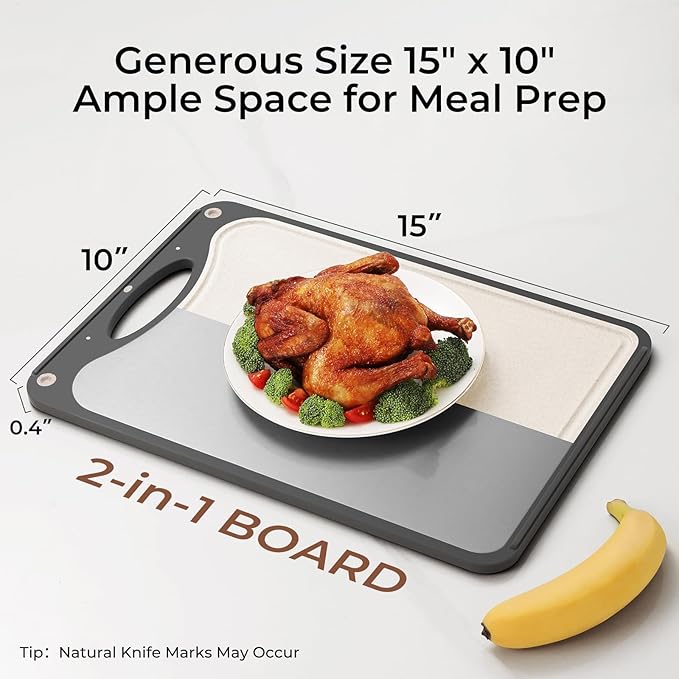 Titanium Cutting Board 15x10 Inch, Single Board Double Sided Chopping Board for Kitchen, Hygienic and Food Grade Pure Titanium & Wheat Straw Surface, Easy to Clean