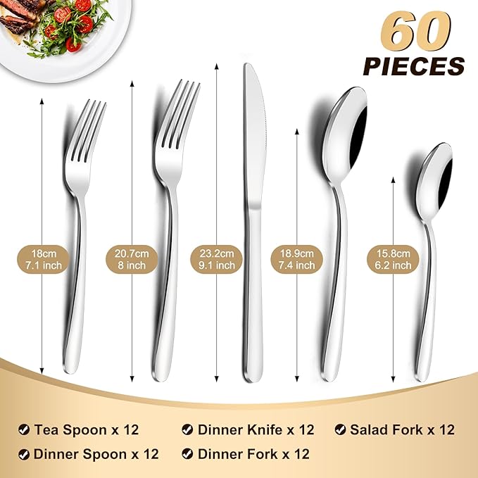 Pleafind 60-Pcs Silverware Set Service for 12, Premium Stainless Steel Flatware Set, Include Forks Spoons and Knives Set, Mirror Polished Cutlery Utensil Set for Home Restaurant, Dishwasher Safe