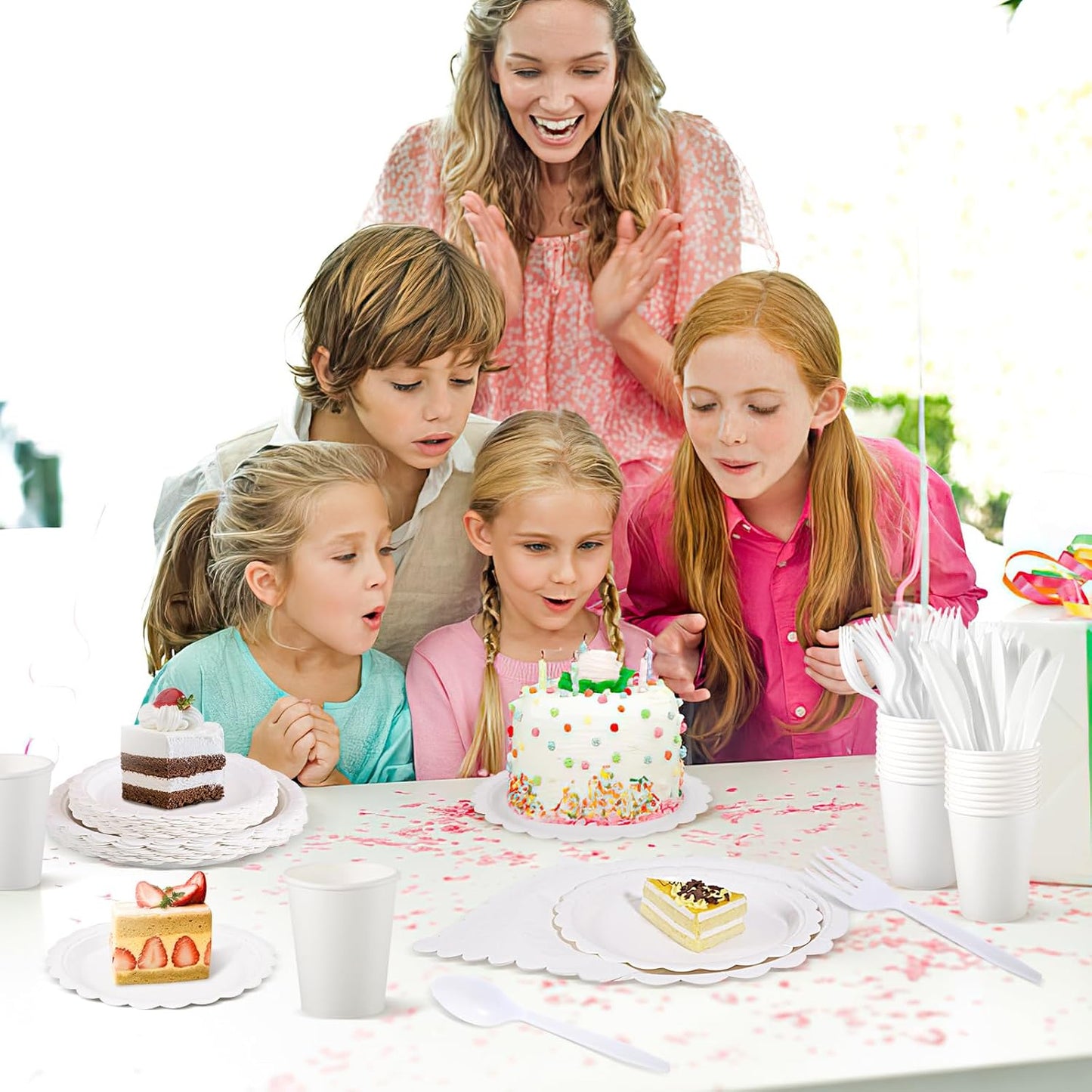 175 Pcs White Paper Plates and Napkins, 25 Guest White Party Supplies Include Scalloped Plates Paper Napkin Cup Plastic Spoon Fork Knive for Baby Shower, Wedding, Birthday